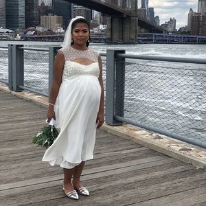 Cap Sleeve Crepe Sheath Wedding Gown with Beading